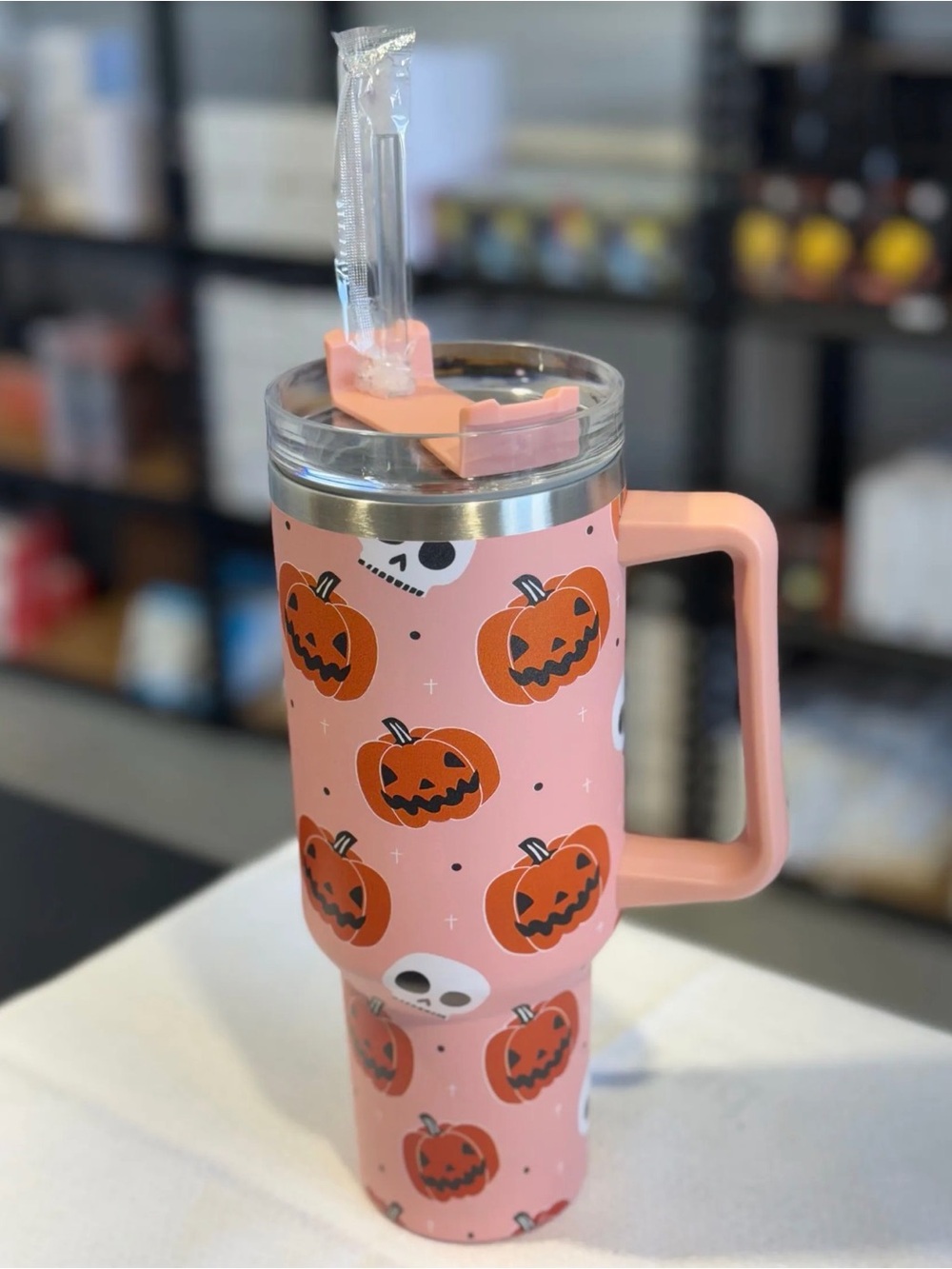 40 oz Pink Halloween Pumpkin Travel Tumbler with Handle & Straw New in Box